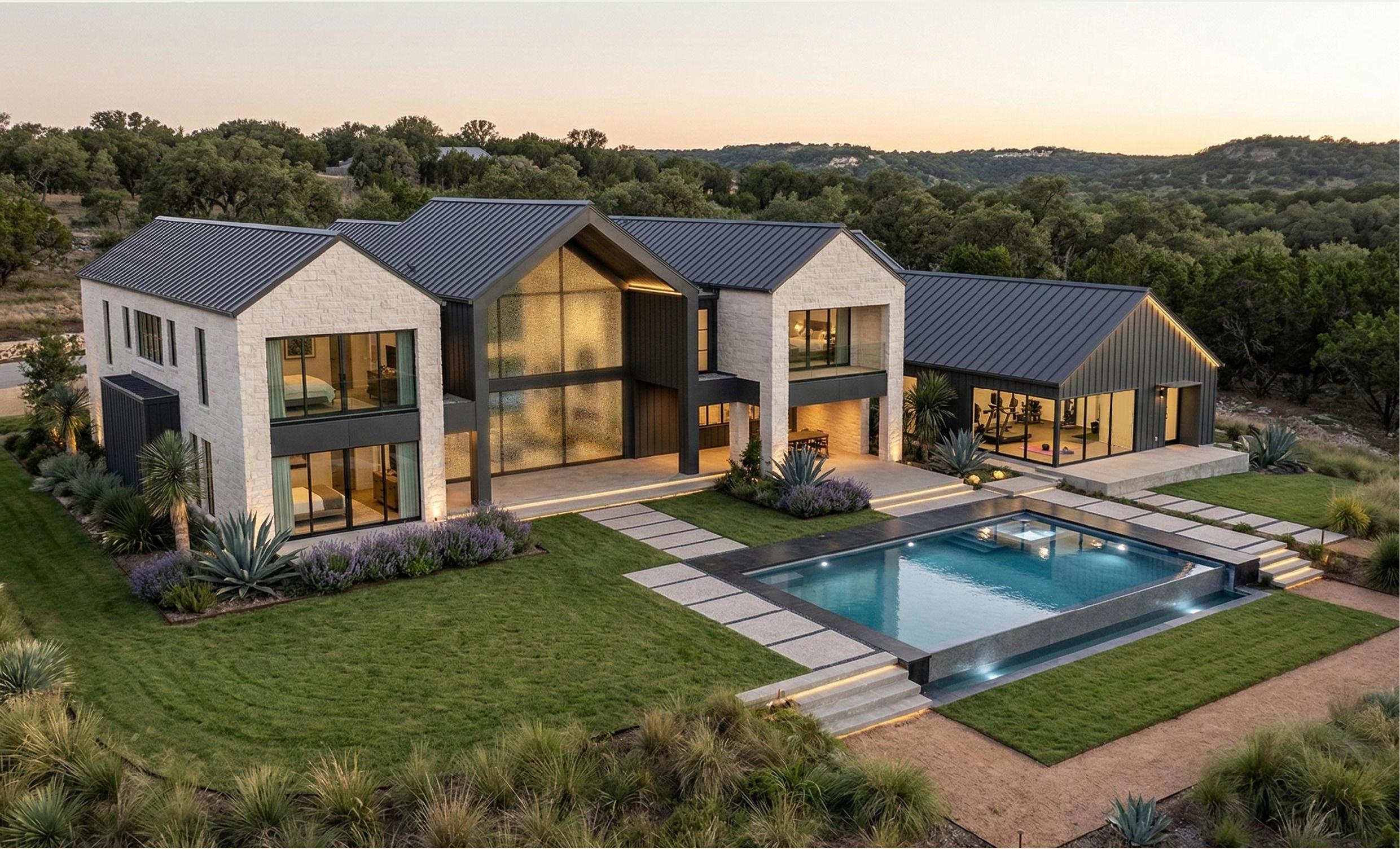 Sovereign Seven Ranch rear terrace and pool at dusk