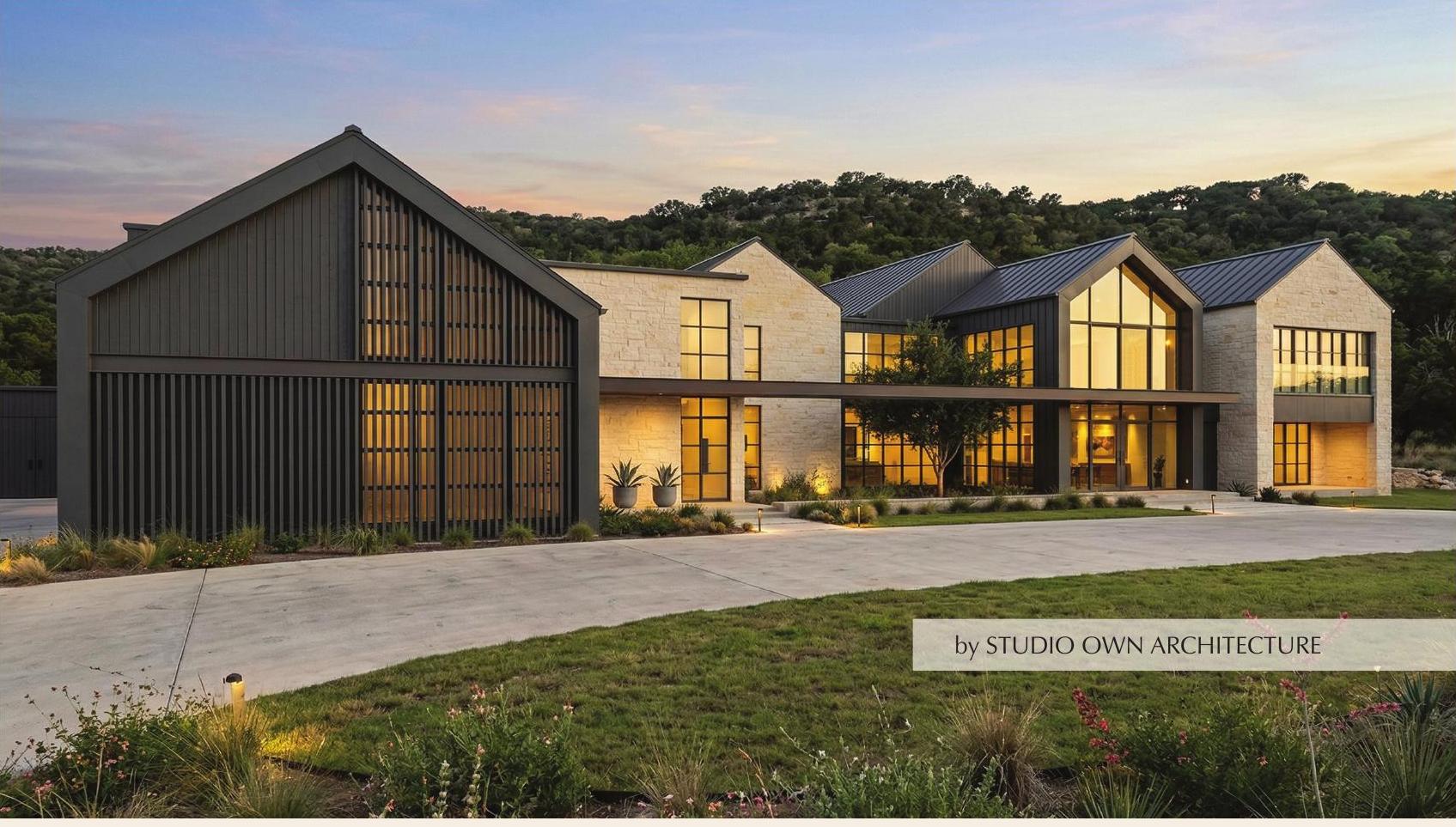 Sovereign 7 Ranch residence at dusk, Dripping Springs, Texas
